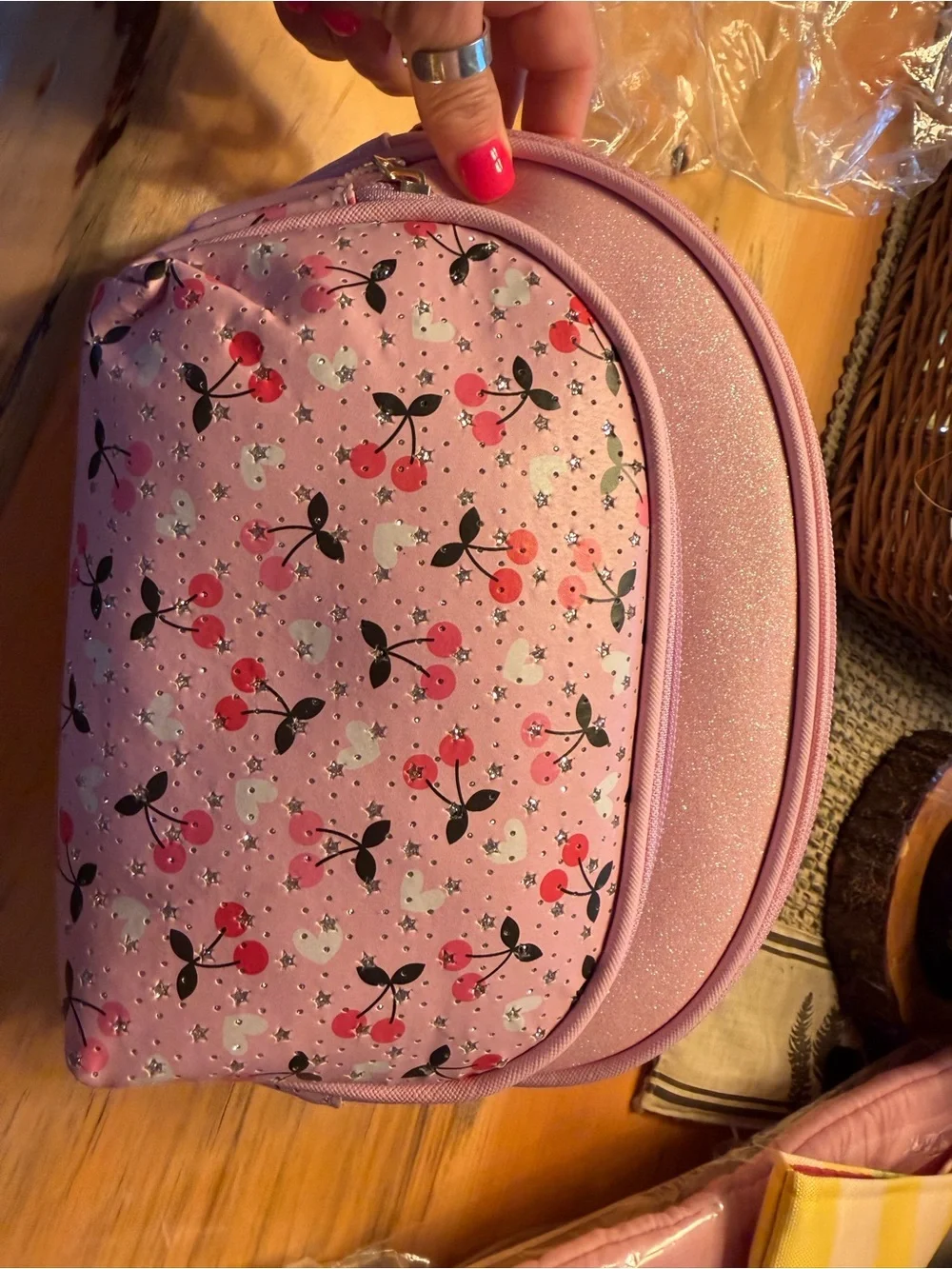 Pink Cherry Print Cosmetic Bag